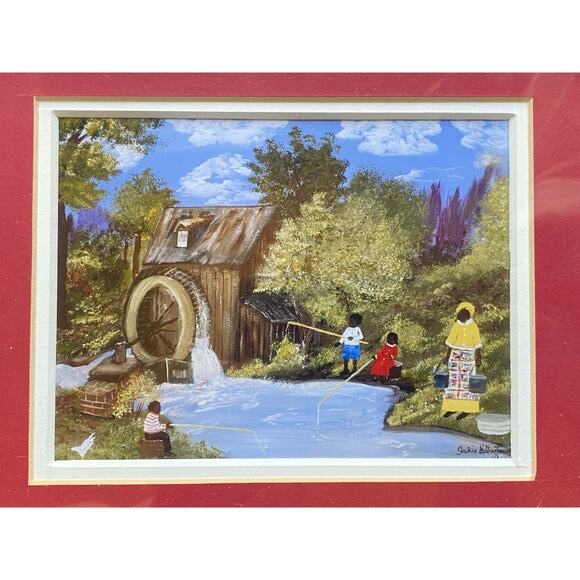 Jackie Haliburton "Water Well" Framed Matted Signed Folk Wall Vintage Art Print - Picture 3 of 7